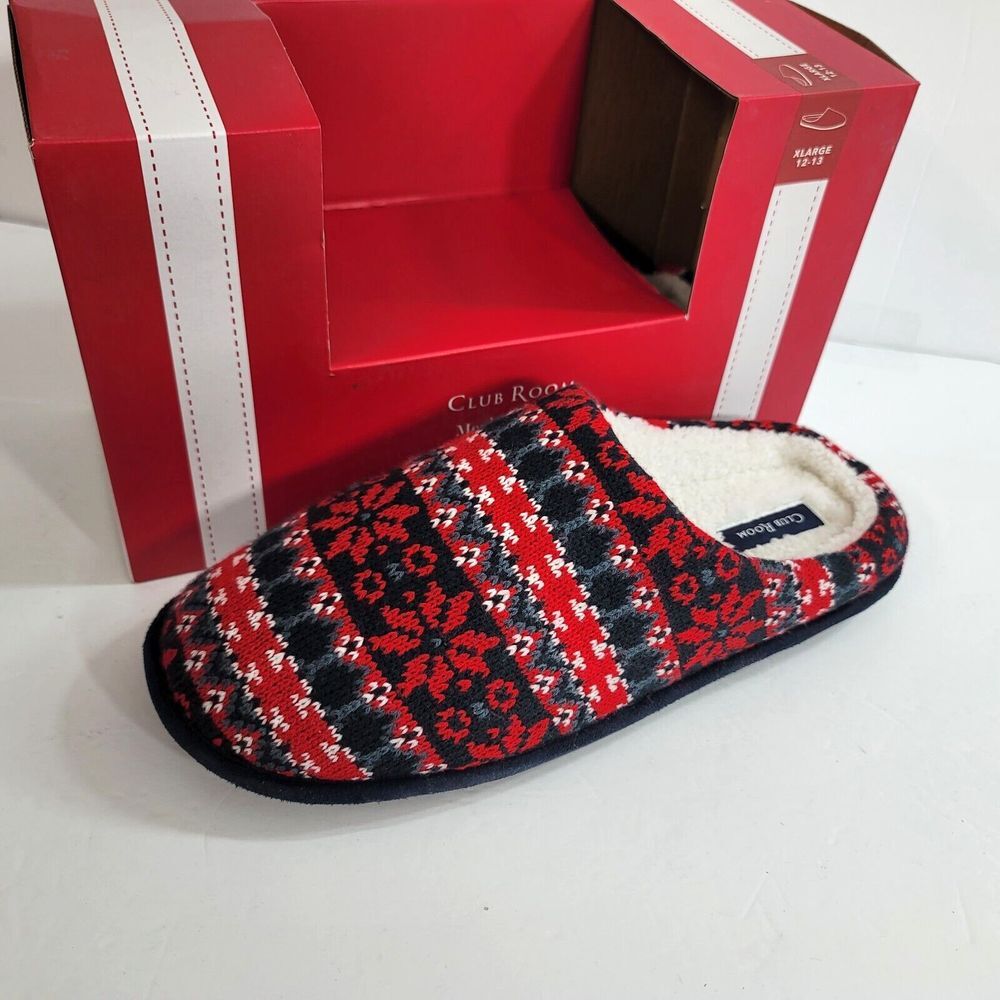 Club Room Fair Isle Slip on Slide Slippers Mens XLarge 12-13 Red Navy Blue NEW‎